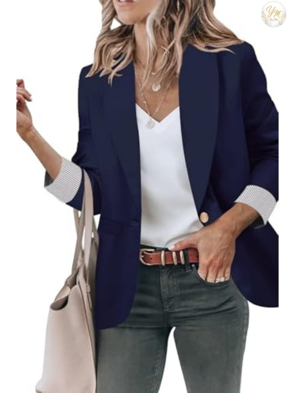 Women's Work Blazer Jacket with Pockets - Polyester Blend Shawl Collar Office